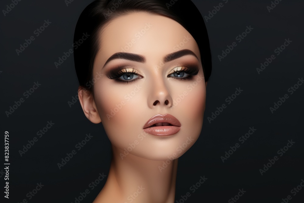 A gorgeous European model woman with cosmetic makeup enhances the beauty of a caucansian model in a captivating close-up portrait against a dark black background. A gorgeous European model woman with cosmetic makeup enhances the beauty of a caucansian model in a captivating close-up portrait against a dark black background.