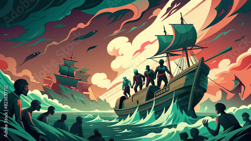 Dramatic Sailing Adventure Under Swirling Crimson Skies. Vector illustration, International Day for the Remembrance of the Slave Trade and Its Abolition