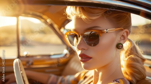 Blonde with sunglasses, vintage car, warm light, 60s fashion, dreamy and glamorous photo