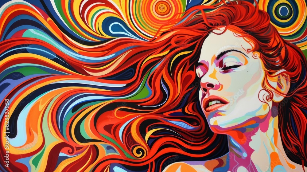 Woman with red hair, artistic swirls, modern pop art, vibrant and unique