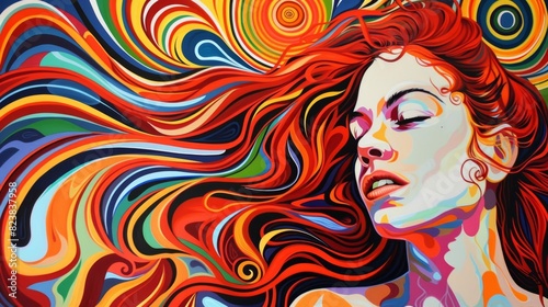 Woman with red hair  artistic swirls  modern pop art  vibrant and unique