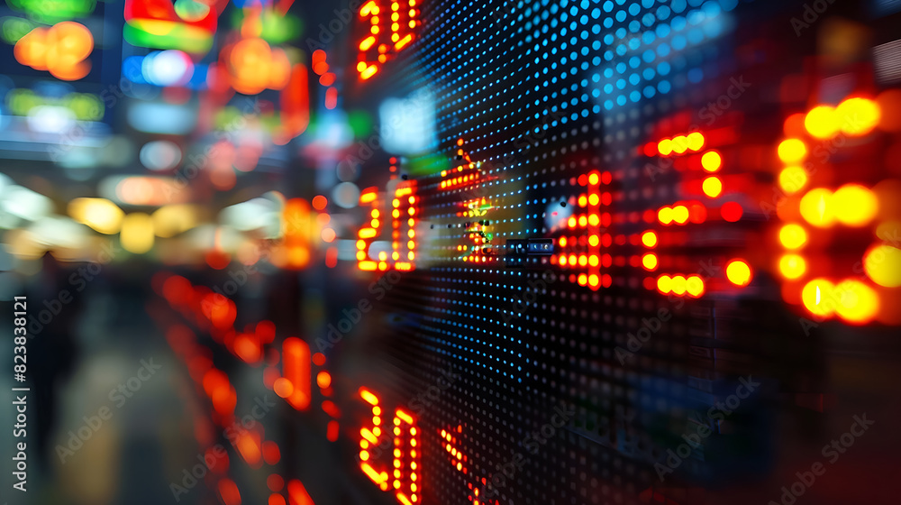 Fototapeta premium The image displays a stock market board with numbers and letters glowing in red and blue. The background features a blurred cityscape with pedestrians and street lights 