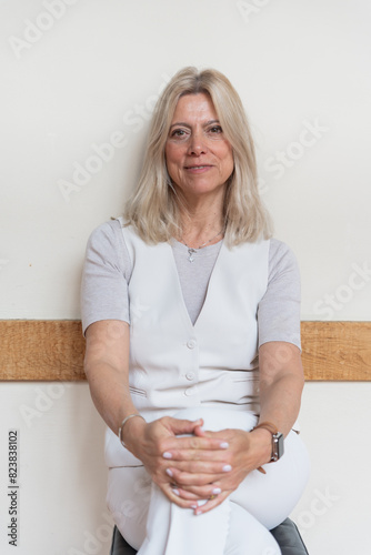 Portrait Of A Mature And Stylish Woman Sitting With Long Hair. photo
