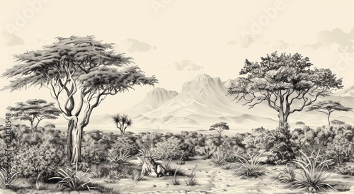 vintage black and white illustration of a forest photo