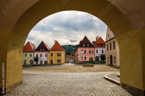 Ancient medieval historical square. Row of Houses on the town hall square in historical square in the Bardejov town, Slovakia. UNESCO old city.  © Ivan