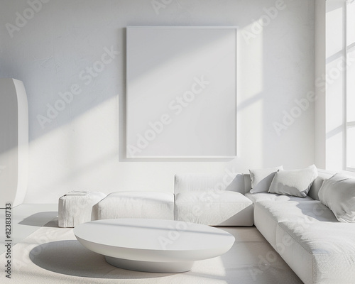 Chic minimalist interior with a single oversized frame on a bright white wall  accompanied by a white sectional sofa and a modern white oval table.