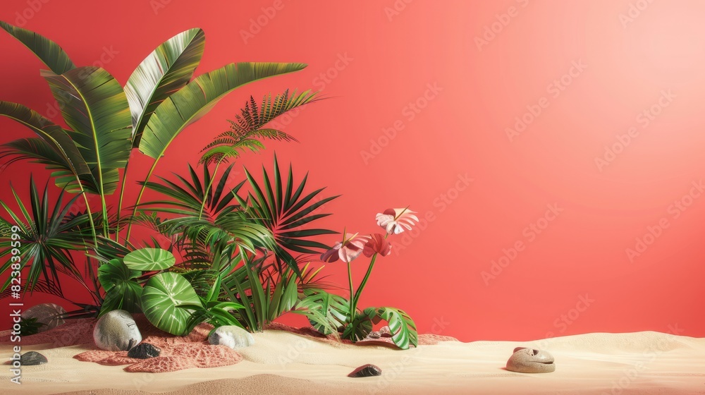 3d tropical background with palm trees, sand and plants on isolated pastel red background with space for copy