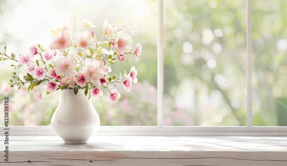 Beautiful spring flowers in white vase on table against blurred window with garden view, banner for product display montage, mock up design concept, copy space Generative AI Beautiful spring flowers in white vase on table against blurred window with garden view, banner for product display montage, mock up design concept, copy space Generative AI