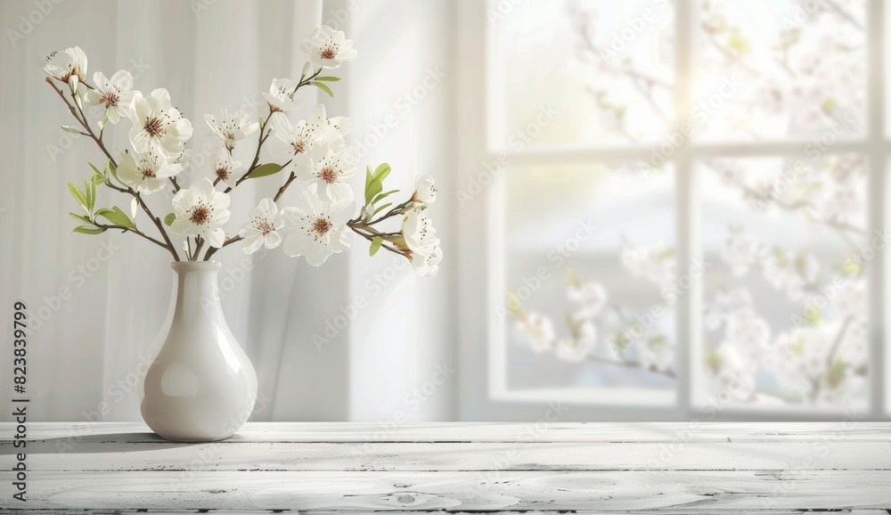 White wooden table with blurred spring window background and vase of white flowers Spring concept, panoramic banner for advertising or design space Generative AI White wooden table with blurred spring window background and vase of white flowers Spring concept, panoramic banner for advertising or design space Generative AI
