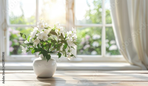 White wooden table with vase of white flowers and blurred window on spring background  panoramic windows with view to garden in modern home interior Generative AI