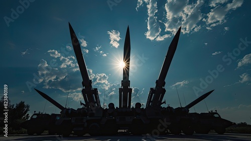 an antiaircraft system featuring cannons and cruise missiles on a vibrant blue sky, accompanied by the silhouettes of four white round rocket shells standing prominently in the foreground. photo