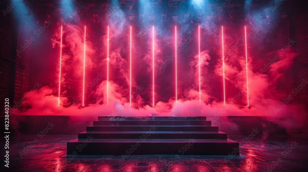 Pink and red lights illuminate smoke on a concert stage, setting a vibrant scene for an energetic performance