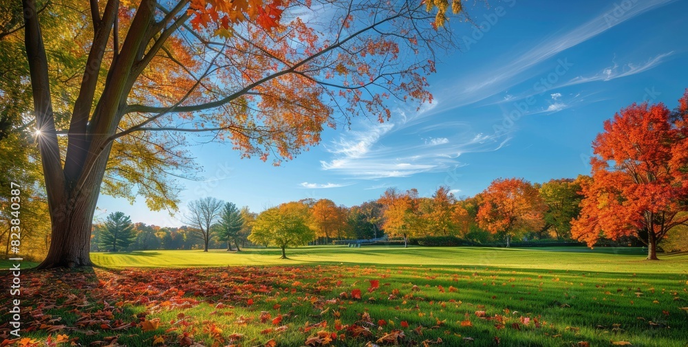 A vibrant autumn scene shows trees with leaves in various shades of orange, red and yellow standing tall on the grassy ground under clear blue skies A vibrant autumn scene shows trees with leaves in various shades of orange, red and yellow standing tall on the grassy ground under clear blue skies