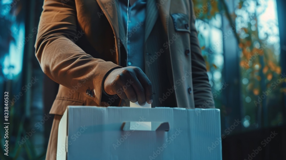 African American man's hand placing vote in an voting urn.
