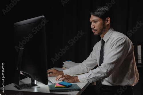 Businessman uses desktop computer, analysing, working with documents, solving problems, completing important projects. Deal with financial performance contract management concept information document © MrAshi