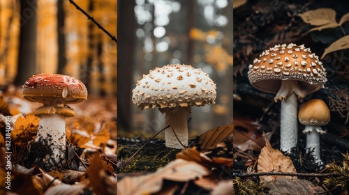 Three different types of mushrooms in the forest. photo