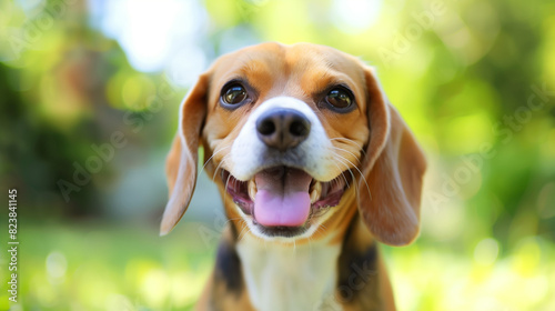 Dog (Beagle). Isolated on green grass in park 