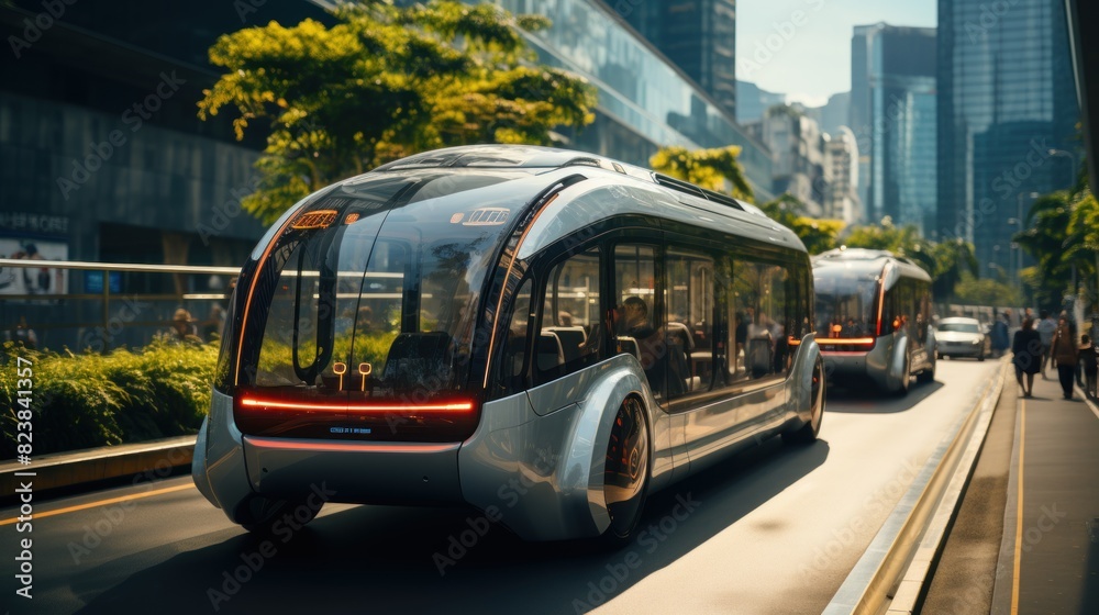 Obraz premium Modern and sleek autonomous electric shuttle buses operate on a sunny city street
