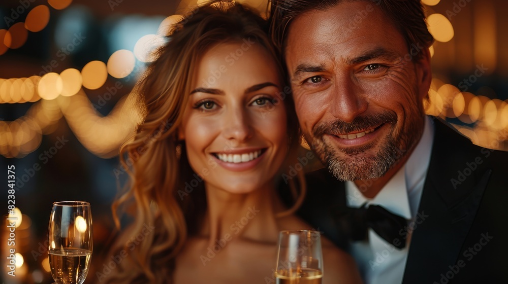 Sophisticated couple smiling and holding champagne glasses at a formal event with elegant background lighting