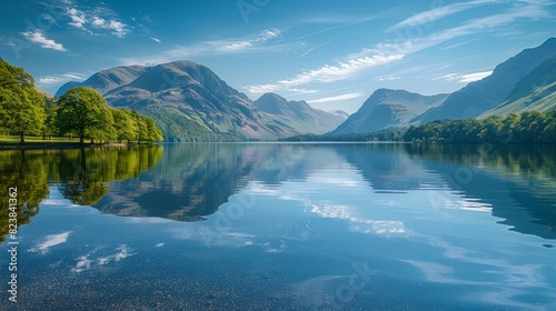 A serene landscape photo of a tranquil lake reflecting the majestic mountains that surround it. 