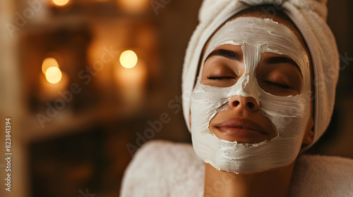 Woman with eyes closed and white facial mask on face in SPA, Face and body care, relaxation and mental health. 