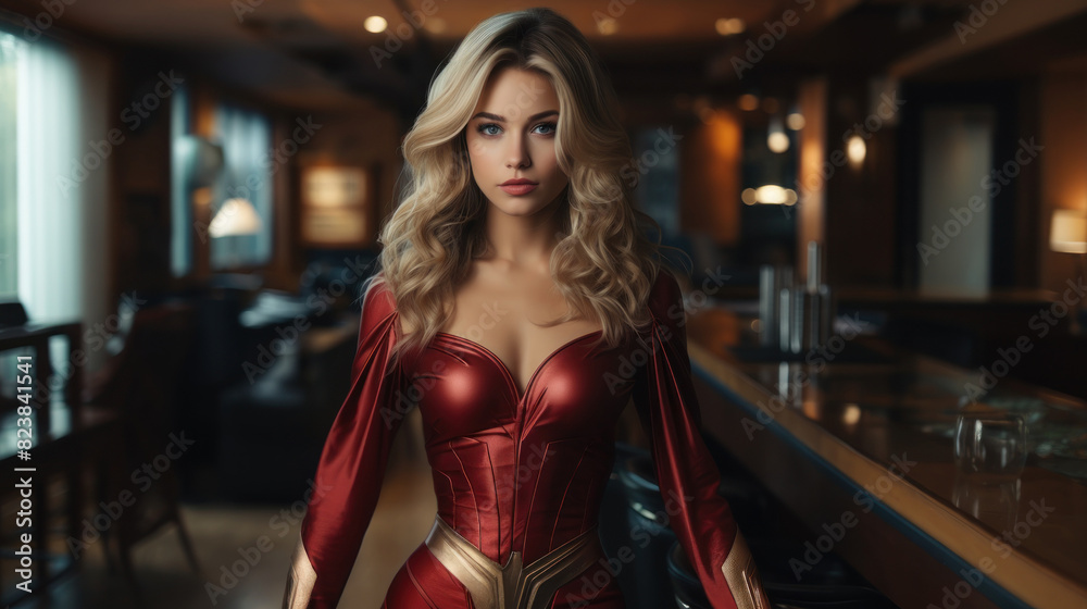Stunning woman in a red superhero costume standing with an air of confidence in a bar setting