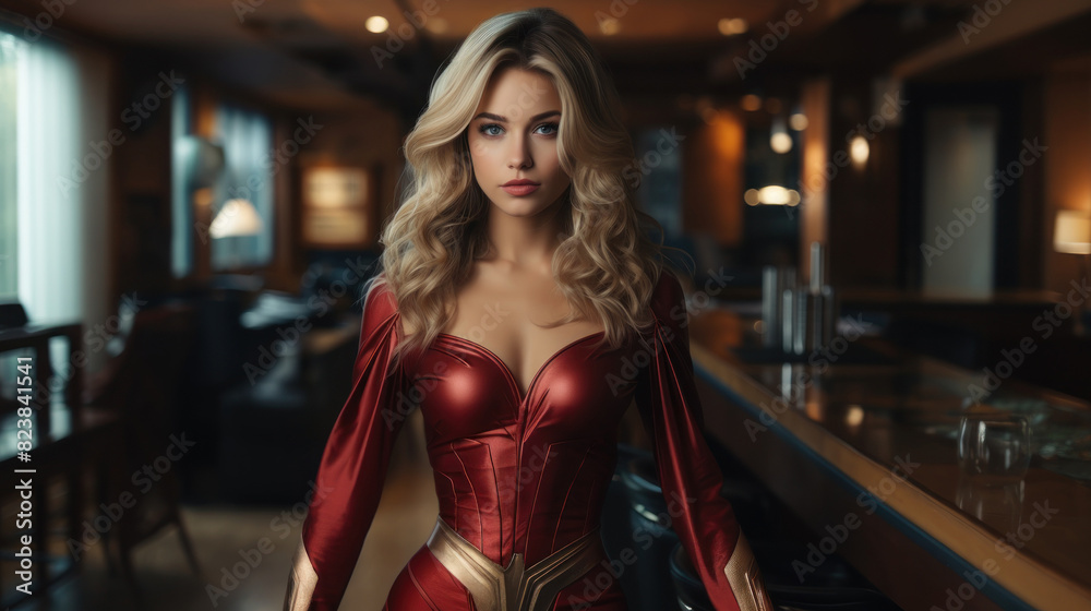 Stunning woman in a red superhero costume standing with an air of confidence in a bar setting Stunning woman in a red superhero costume standing with an air of confidence in a bar setting