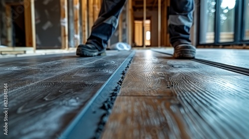 Low angle shot of a construction worker's legs during the installation of dark wooden flooring with a tape measure
