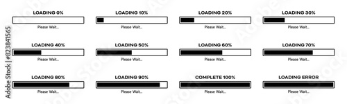 Loading please wait progress bar set with 0-100% in black color. Percentage loading bar infographic icon set 0-100% in black color. Set of percentage loading bar 10%, 20%, 70, 90%, 100% icon
