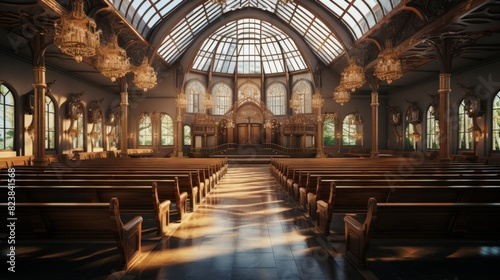 A grand church interior with beautiful stained glass, sunlight streaming in, and elegant wood pews
