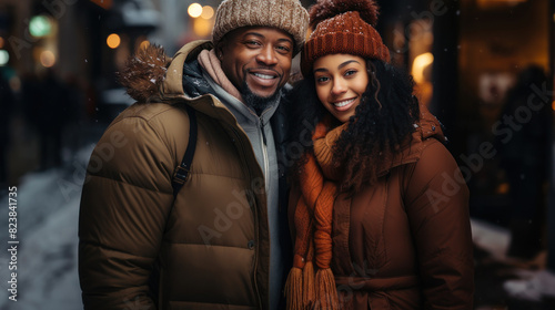 A happy couple bundled up in warm winter clothing, smiling on a snowy city street at night