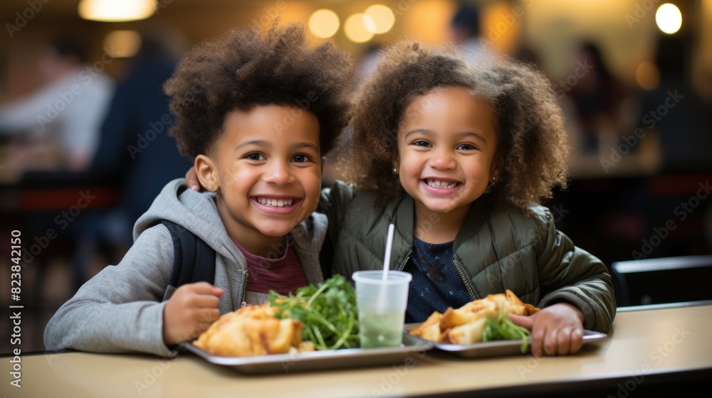 Two joyful young children smile brightly as they dine on fast food in a casual setting