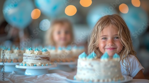 Cute girl with a mischievous smile sitting between two birthday cakes  conveying a feeling of joy and celebration