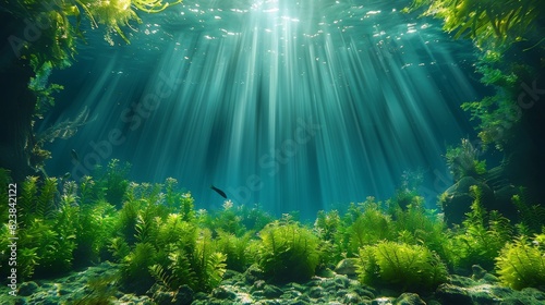 Vivid underwater scene with rays of sunlight illuminating the aquatic plants and fish
