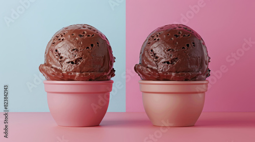 Two scoops of chocolate ice cream in pink cups, placed on a pastel background, showcasing a delicious treat for dessert lovers. photo