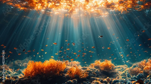 Vibrant underwater ecosystem featuring a school of fish and orange coral beneath sunlit waters photo