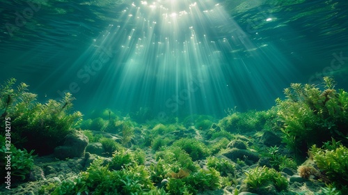Underwater scene with sunbeams shining through the ocean surface onto the seabed covered with aquatic plants