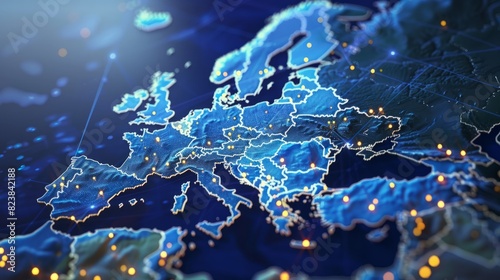 Digital map of Western Europe, concept of European Union network and connectivity, data transfer and cyber tech, business and information exchange and telecommunication photo