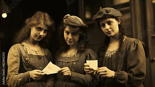 In sepia tones, the image captures three young women in vintage clothing holding and displaying papers, gazing directly at the camera