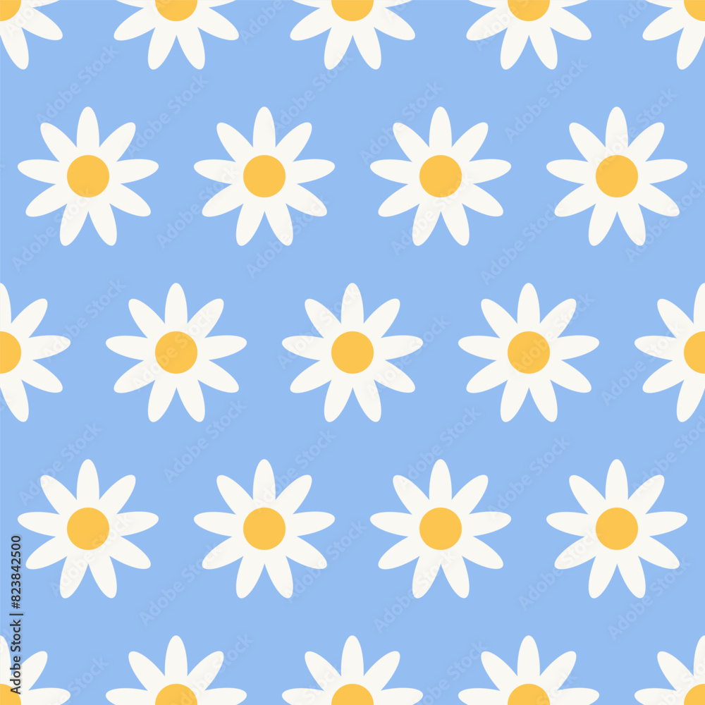 White daisy chamomile. Cute flower plant. Abstract seamless pattern Retro background design for textile, wrapping paper, covers. Vector square illustration isolated on blue background White daisy chamomile. Cute flower plant. Abstract seamless pattern Retro background design for textile, wrapping paper, covers. Vector square illustration isolated on blue background