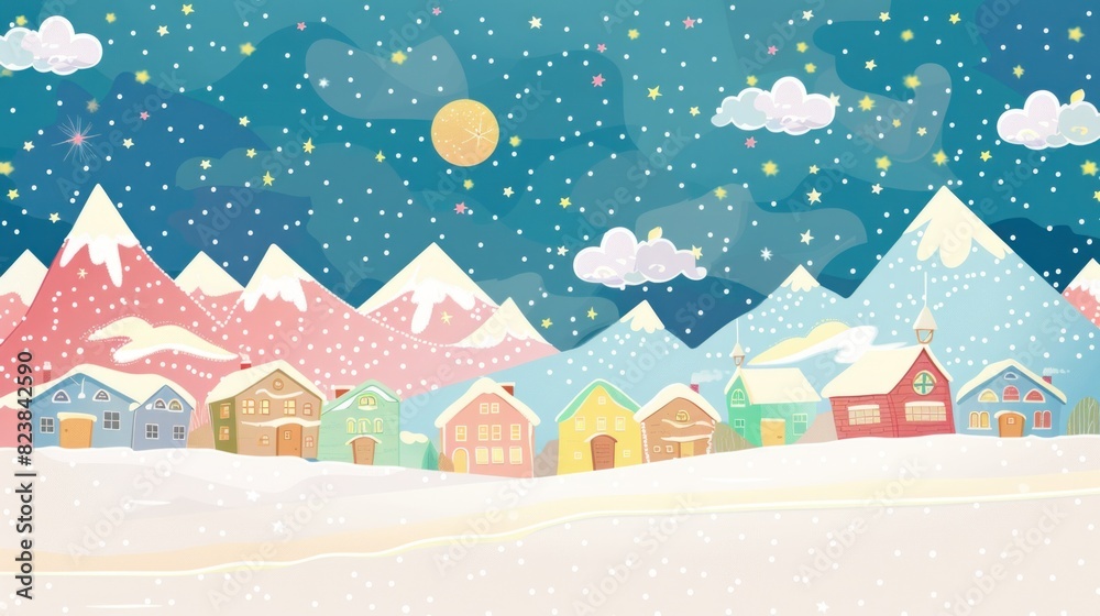 cartoon background with stars, clouds and snow covered mountains with houses wallpaper