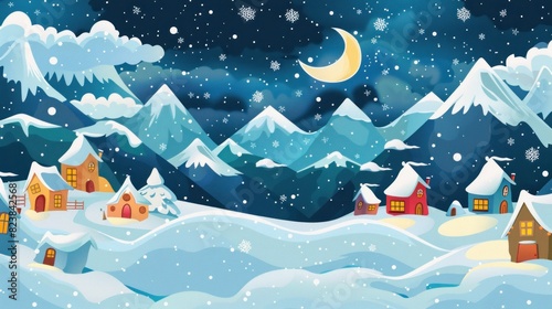 cartoon background with stars, clouds and snow covered mountains with houses wallpaper © Art Wall