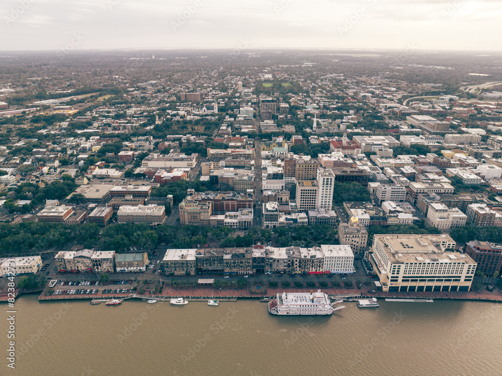 Fototapeta premium Aerial View of Downtown Savannah and River Street