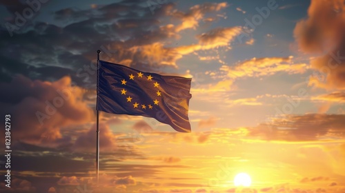 Flag of European Union waving in the breeze against a sunset sky. Banner with EU flag. photo
