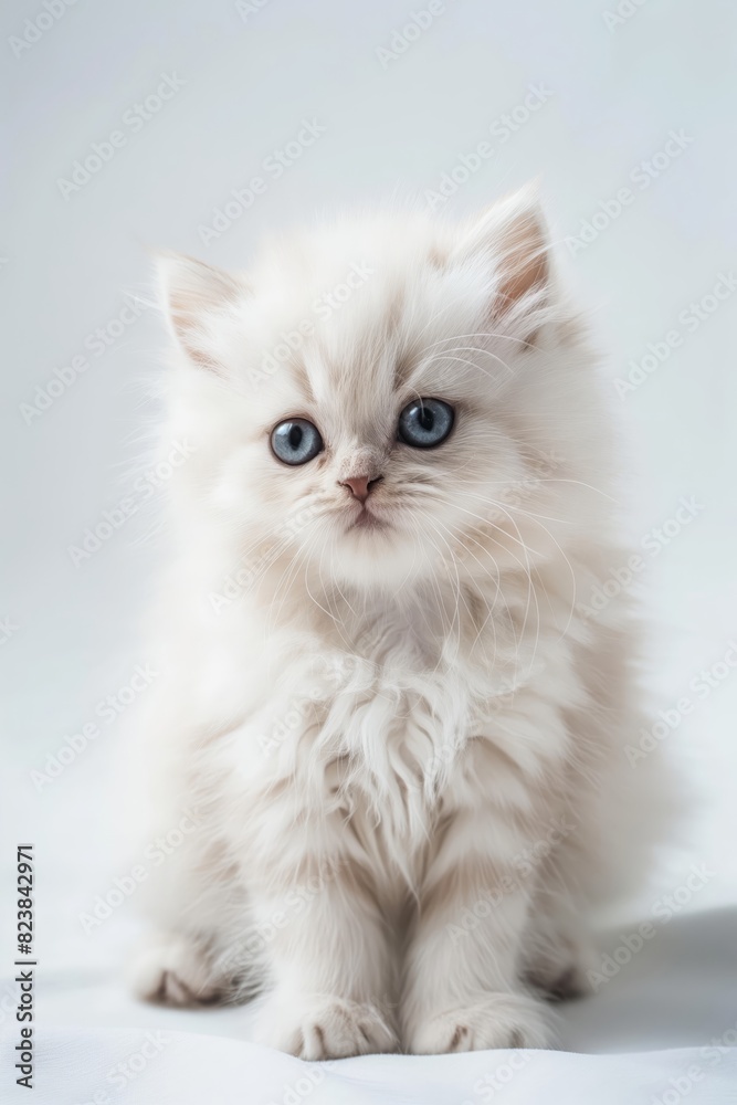A cute white kitten with blue eyes is sitting on a white surface
