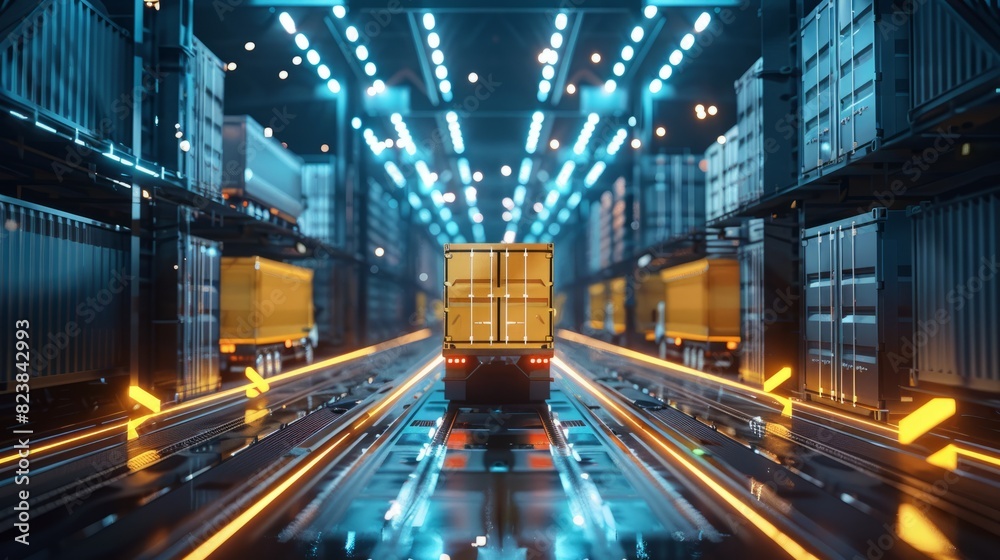 Obraz premium Global logistics network distribution and transportation, Smart logistics, Future of transportation innovation on huge storage centers,