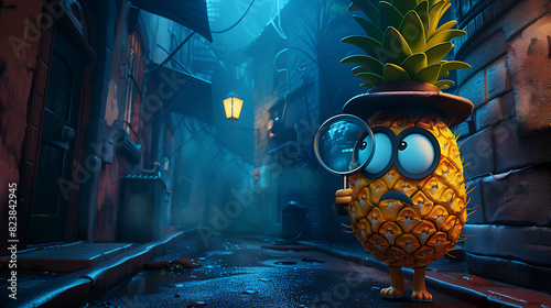 Ananas anthropomorphique portant un chapeau de détective et une loupe, ruelle sombre.