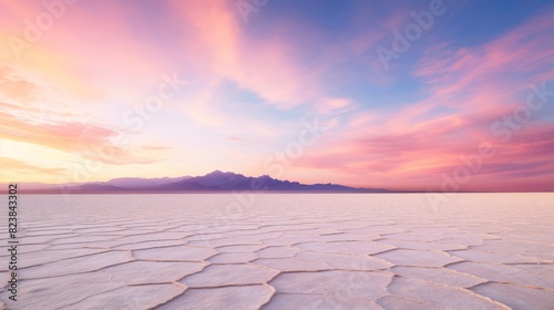 Sunrise over vast desert salt flat