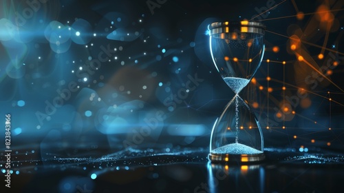 Hourglass as time passing concept for business, hourglass with shining light on dark background, generative ai