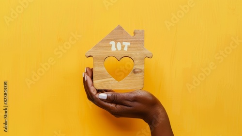 Hand Holding Wooden House photo
